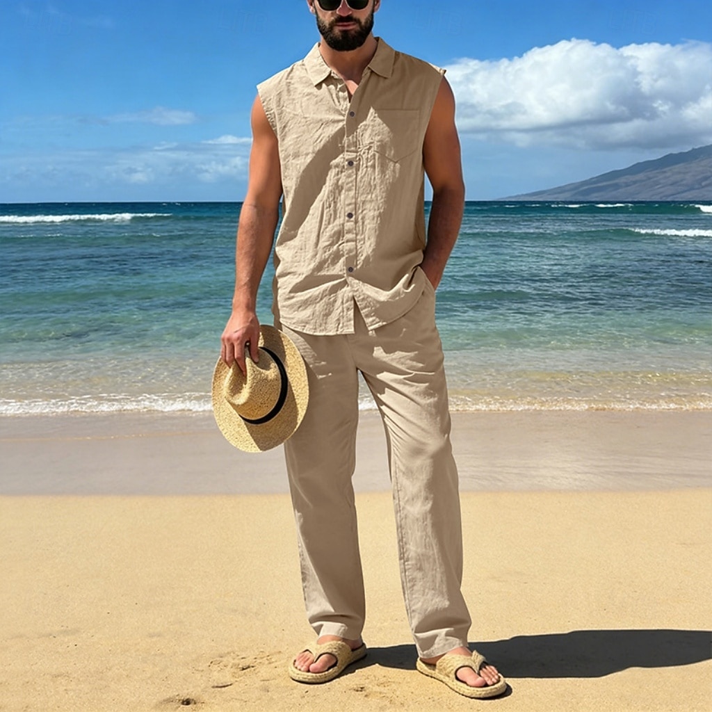 Male Linen Shirt 2 Piece Shirt Set And Linen Pants Trousers Casual Pants Set Plain Daily Outdoor Vacation Turndown Sleeveless Summer Fashion Casual Comfortable Clothing Apparel 2026 - $36.99 –P16