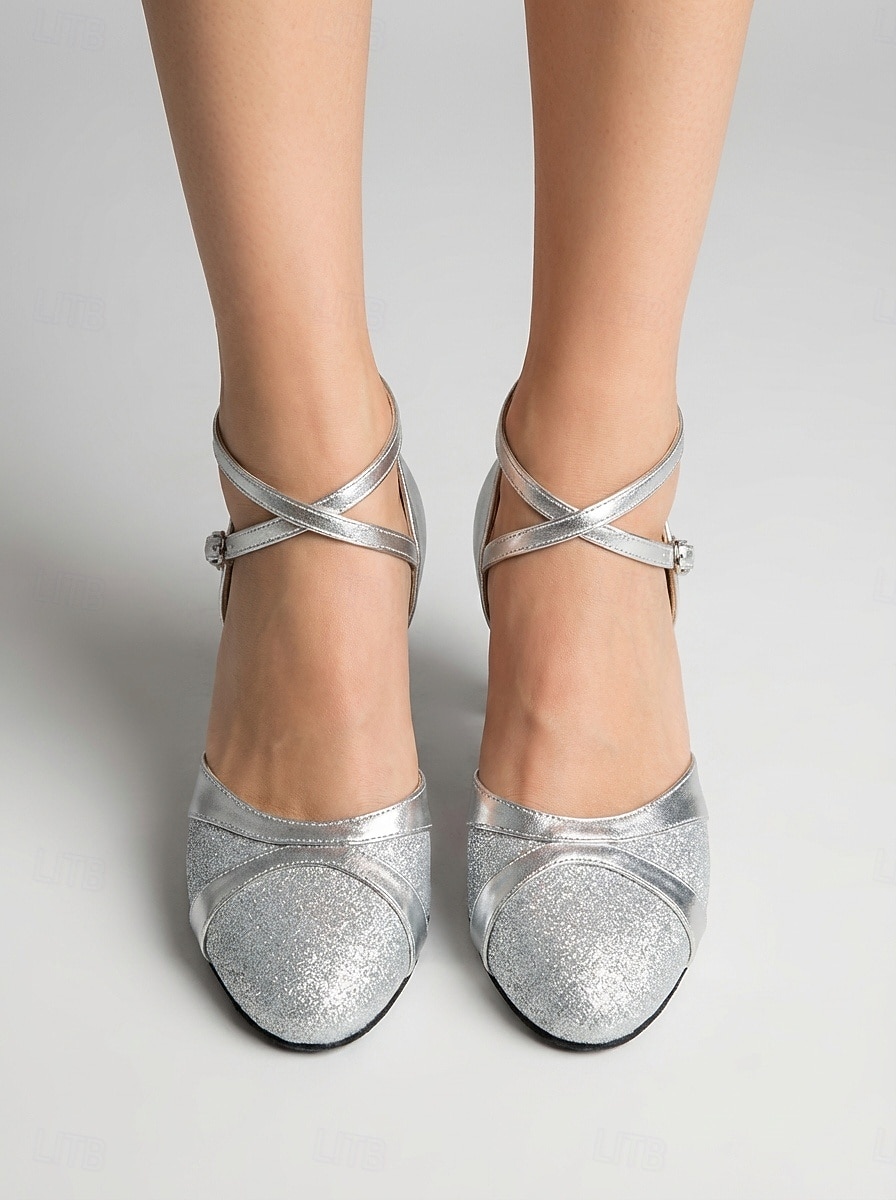 Damen-Standardtanzschuhe in Silber – geschlossene Zehenpartie, Standard &Lateinamerikanische Tanzschuhe mit gekreuzten Riemen, professionelles Training & Wettbewerb 2026 - $34.99 –P3