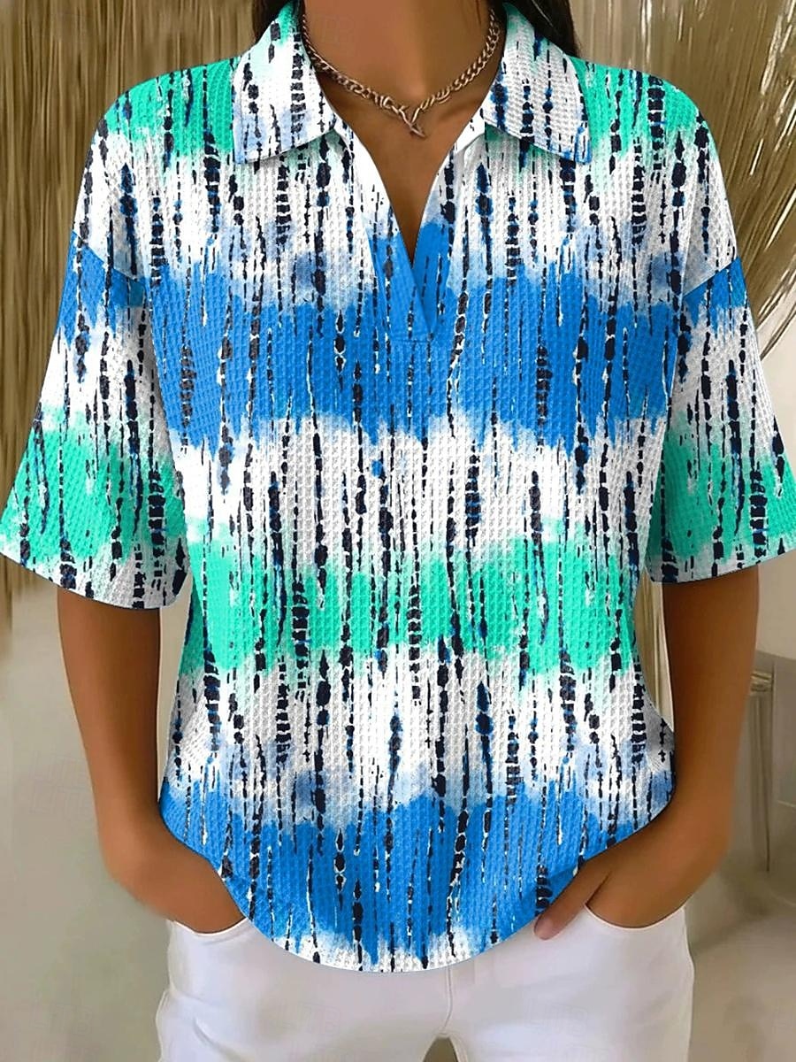 Women's Waffle T-shirt Textured Knit Tops Graphic Geometric Elegant Vintage Stylish Half Sleeve Polo Collar Regular Tops Casual Daily Blue Yellow Green Summer Spring 2026 - $24.99 –P3