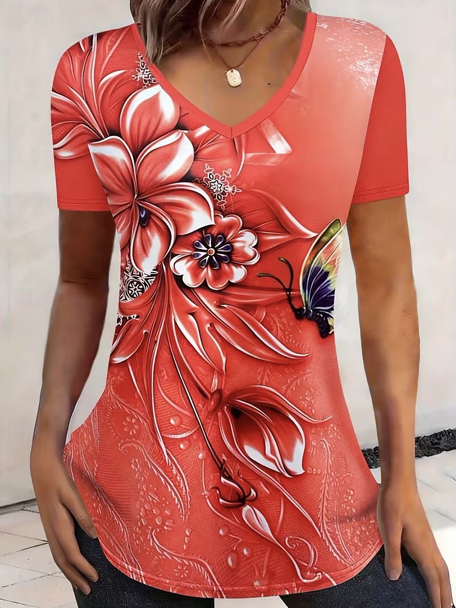 Per donna Maglietta Stampato Ombre Floreale Grafico Elegante Classico Casual Manica Corta Scollo a V Top Regolari Quotidiano Blu Rosso Arancione Grigio Estate Primavera del 2026 a $22.99 –P1