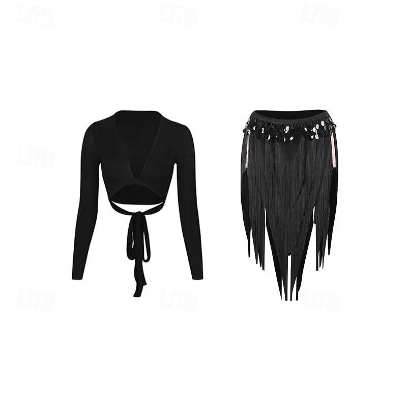 Women's Latin Dance Practice Set - Long Sleeve Tie-Front Wrap Top & Asymmetrical Sequin Fringe Skirt 2026 - $224.19 –P7