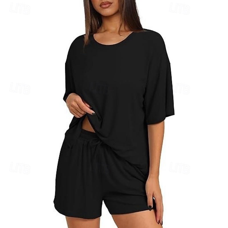 Women's Two Piece Sets Shorts Sets Short Sleeve Round Neck Plain Fashion Streetwear Casual Daily Outdoor Black Brown Summer Regular Fit 2026 - $28.99 –P2