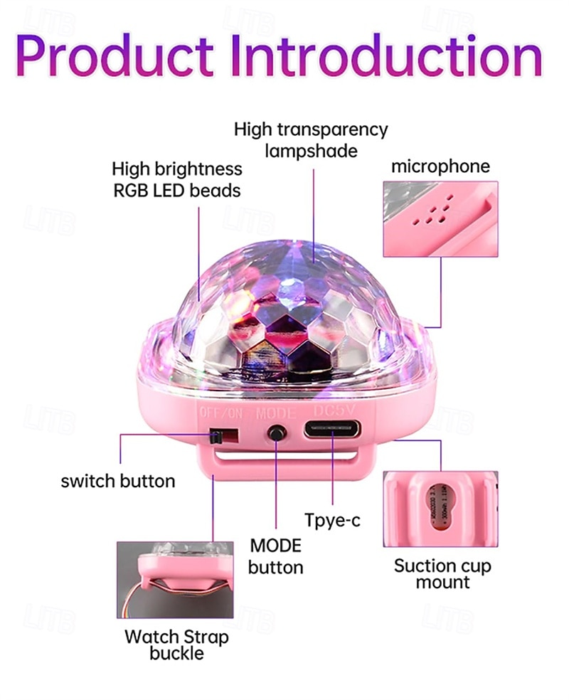 Mini bola de discoteca com luz ativada por som, luzes de festa LED RGB portáteis com USB e pulseira. &Ventosa para carro infantil, DJ rave, luz de humor que muda de cor, presente ideal para de 2026 por $18.99 –P6