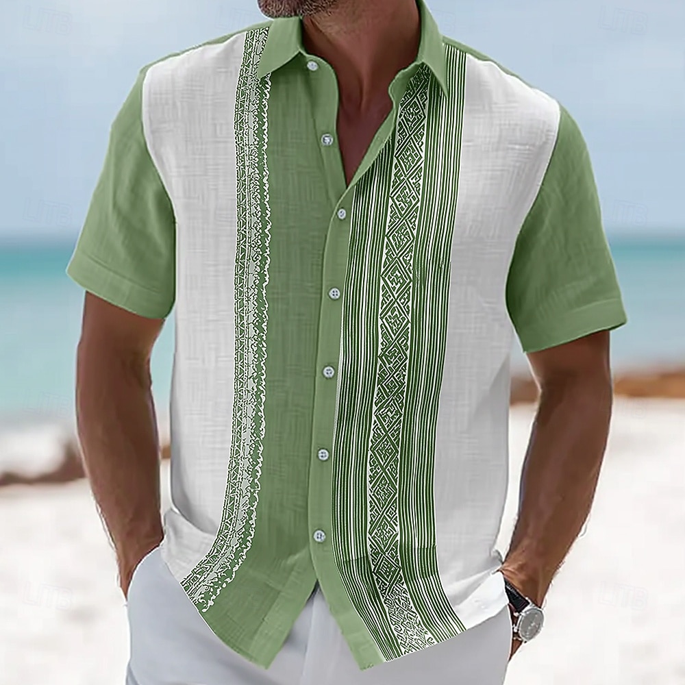 Męskie Geometryczny Prążki Koszula Koszula Guayabera Zapinana na guziki koszula Krótki rękaw Moda na co dzień Codzienny Na zewnątrz Urlop Lato Wiosna Wieczorne Druk 3D Koszula z lnu Niebieski Rumiany 2026 - $25.99 –P4