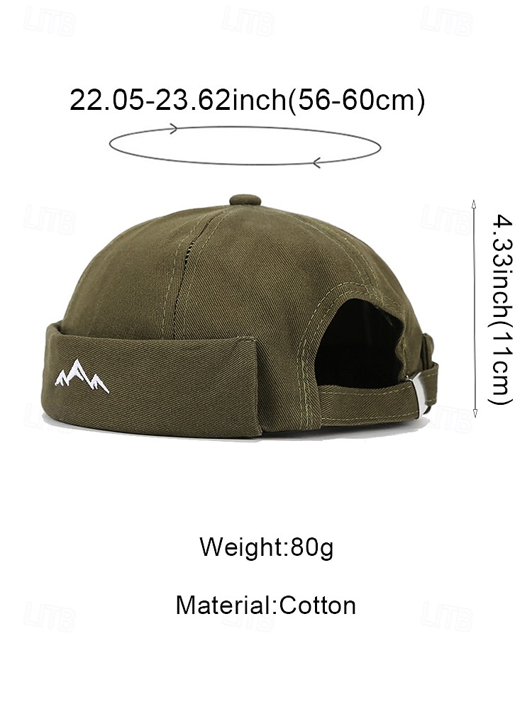 2026年 メンズポリエステル製ドッカーハット。つばのない調節可能なキャップで、山のモチーフが刺繍されています。複数のカラー展開で、旅行、アウトドアスポーツ、普段着、バケーションスタイルに最適です。  コレクション – $14.99 –P12