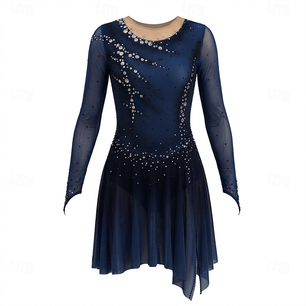 Figure Skating Dress Women's Girls' Ice Skating Dress Dark Blue Thumbhole Halo Dyeing High Elasticity Professional Competition Skating Wear Thermal Warm Crystal / Rhinestone Long Sleeve Ice Skating 2026 - $335.69 –P1