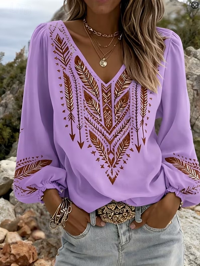 Mulheres Camisa Social Gráfico Geométrica Estampado Cashemere Boêmia Férias Vintage Manga Longa Decote V Tops regulares Diário Feriado Para Noite Azul Branco Azul Marinha Castanho Claro Roxo Verão de 2026 por $13.49 –P9