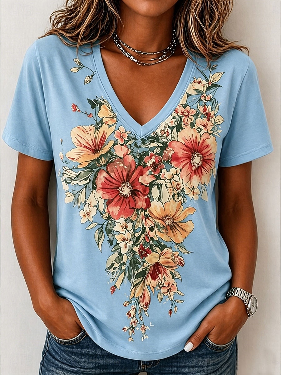 Per donna Maglietta Stampato Floreale Grafico Elegante Classico Casual Manica Corta Scollo a V Top Regolari Casuale Quotidiano Blu Rosa Viola Verde Beige Estate Primavera del 2026 a $21.99 –P1