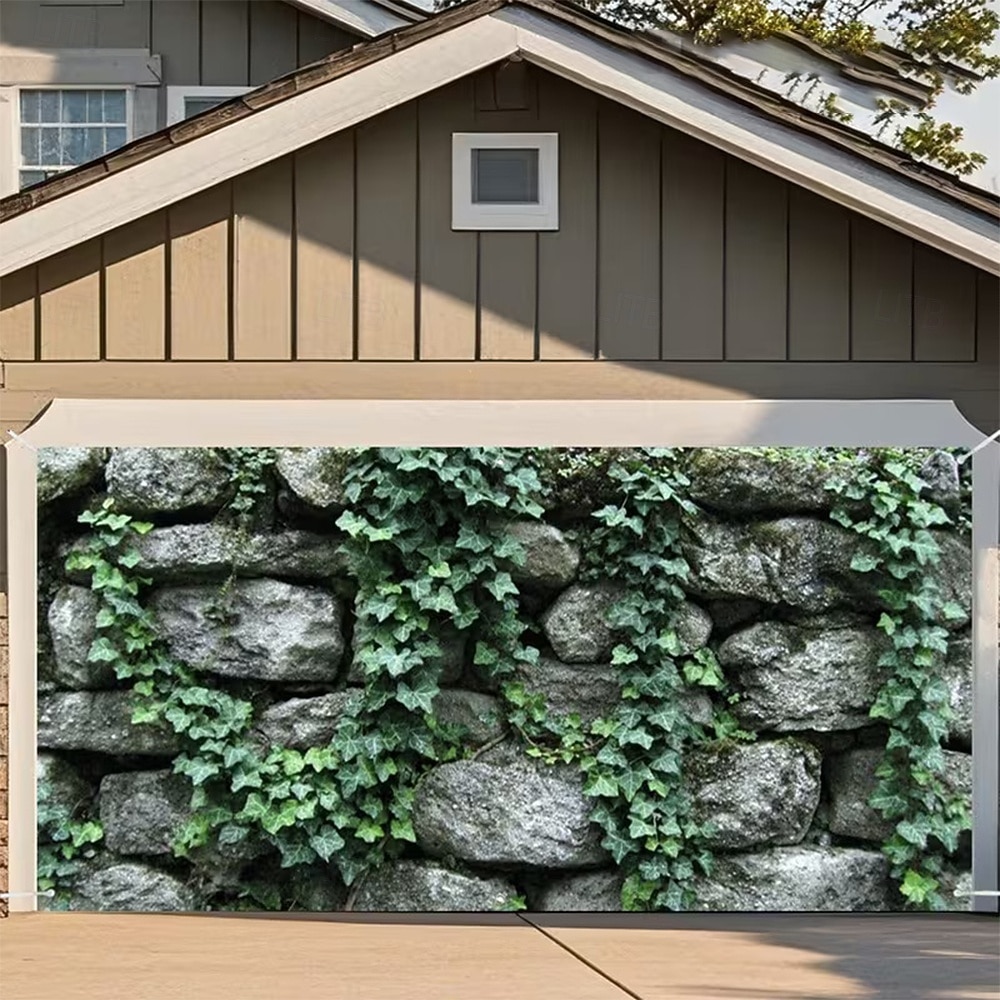 Rustikale Steinmauer, grüner Efeu, Kletterblätter, natürliche graue Felsen, realistische Textur, Garagentor-Banner, Außenkulisse, Wandteppich für Garten, Hof, Terrasse, Zaun, Heimdekoration 2026 - $20.99 –P2