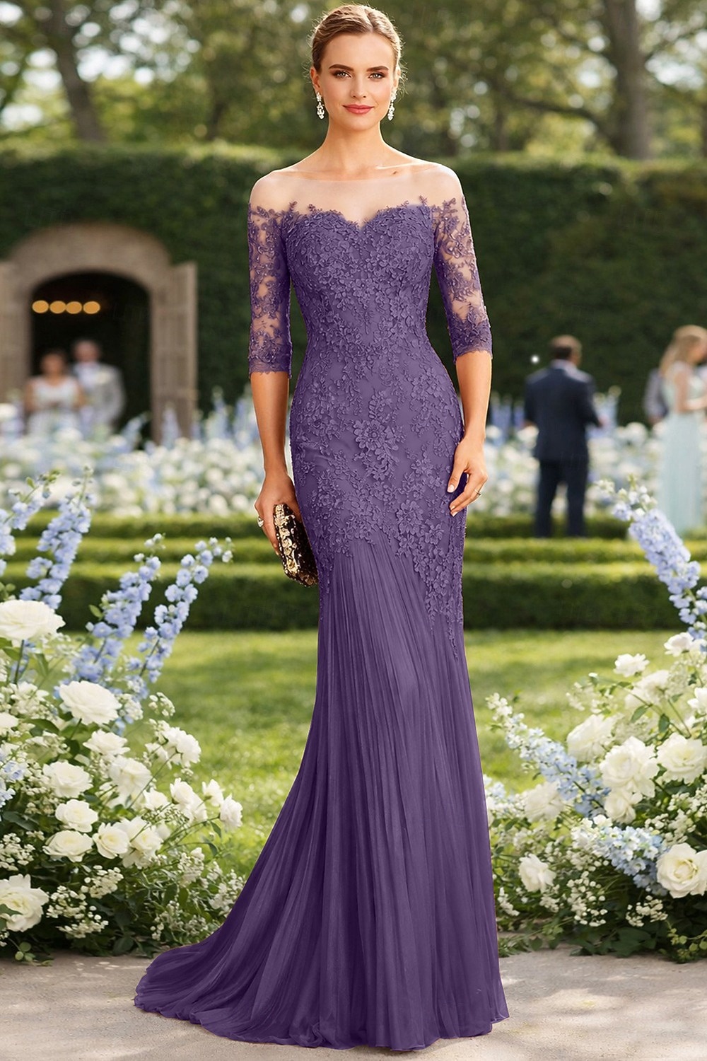 Syrena Tren sweep Suknia Suknia wieczorowa Sukienka dla matki panny młodej Rękaw 1/2 Łódeczka Elegancja Formalny Gość weselny Koronka Tiul z Haft nakładany 2026 - $208.99 –P9