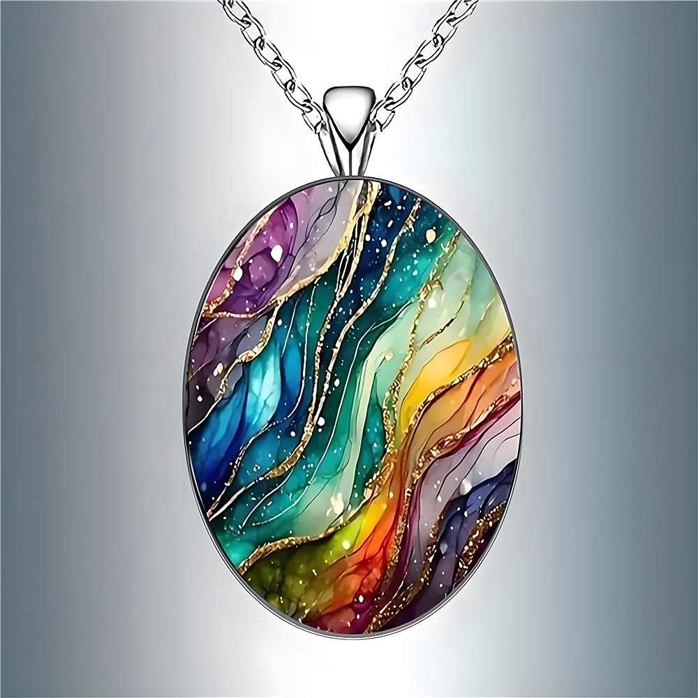 Collier pendentif ovale en verre, style rétro tendance, orné d'un ciel étoilé coloré et onirique, pour femmes et hommes. Bijou accessoire pour le cou. de 2026 ? $9.99 –P3