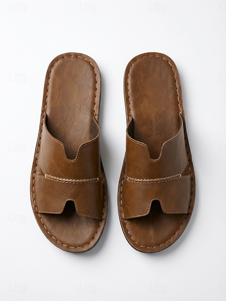 Men's Brown Faux Leather Cross-Strap Slide Sandals Lightweight Comfort Beach Shoes for Beach Vacation, Island Getaways, Seaside Relaxing, Resort Wear, and Warm Weather Casual Style 2026 - $42.99 –P3
