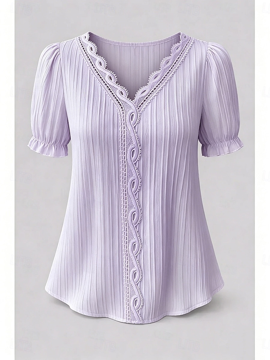 Mujer Camiseta Camiseta superior Encaje Retazos Plano Moda Elegante Clásico Manga Corta Escote en Pico Tops regulares Diario Noche Fin de semana Blanco Amarillo Azul cielo Morado Verano Primavera 2026 - $19.99 –P5