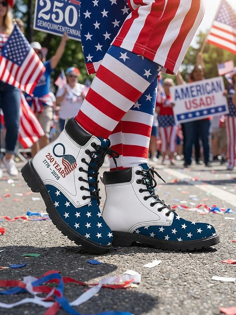 Γυναικείες πατριωτικές μπότες μάχης - σχέδιο με αστέρια και ρίγες με έντονα γραφικά για παρελάσεις, 4η Ιουλίου, 250ή επέτειο των ΗΠΑ και υπαίθριες γιορτές 2026 - $69.99 –P3