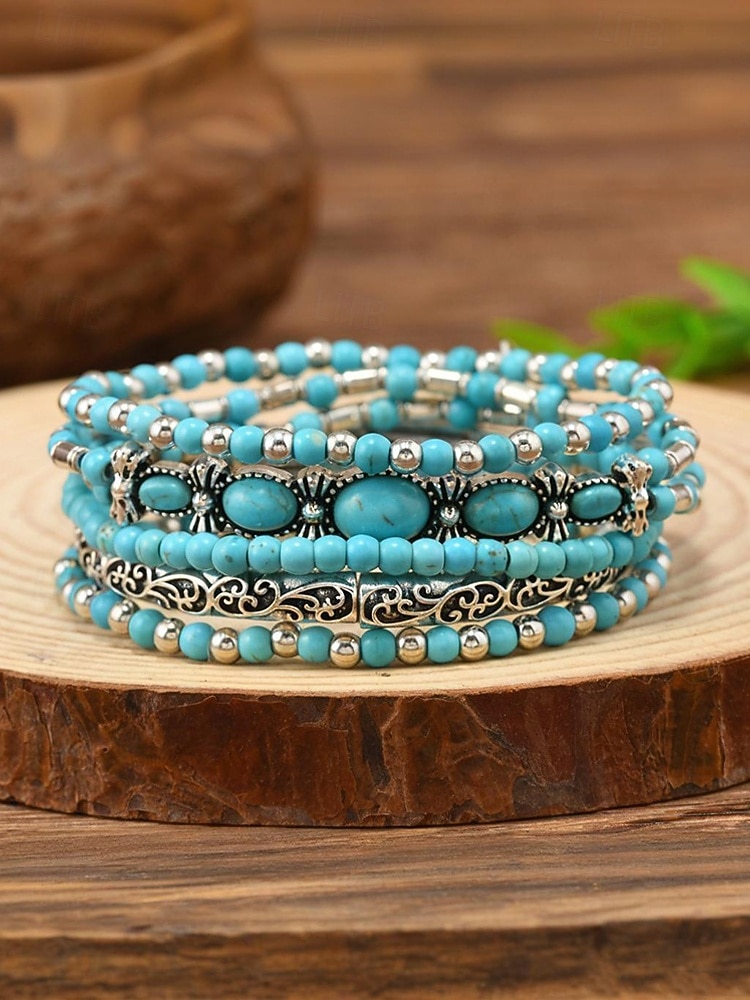 Bohemiskt turkost armbandsset för kvinnor, lager-på-lager pärlhalsband för strandsemester, resortkläder, avslappnade sommarkläder och vardaglig bohemisk styling 2026 - $11.99 –P3