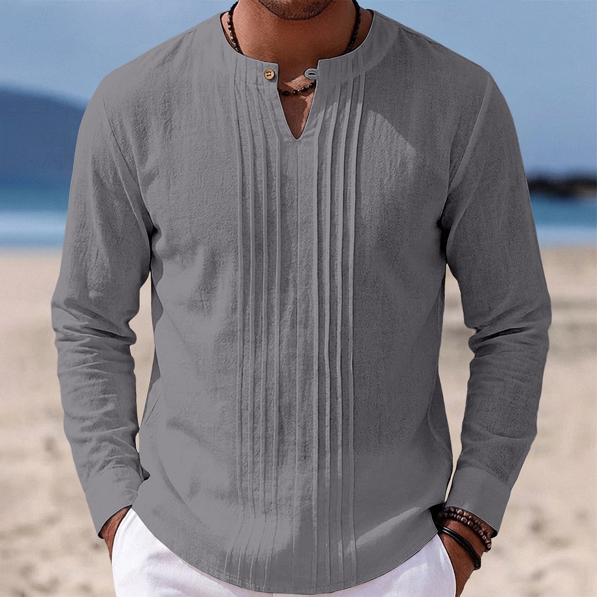 Férfi Ing Vászon ing Nyári póló Stranding Tömör szín Hétköznapi Vakáció Medence Fekete Fehér Khakizöld Hosszú ujj Mandarin gallér Nyár Tavasz Ruházat Fodrozott 2026 - $25.99 –P6