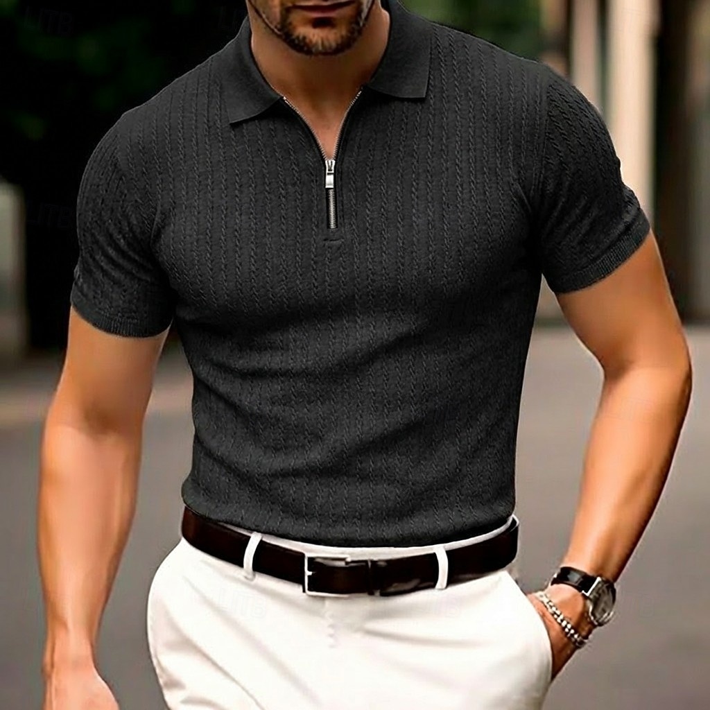 Voor heren Polo met rits Met Textuur Casual Feestdagen Revers Kwart ritssluiting Korte mouw Modieus Basic Effen Jacquard Kwart ritssluiting Zomer Lente Getailleerd Zwart Wit Bordeaux khaki Leger 2026 - $22.99 –P7