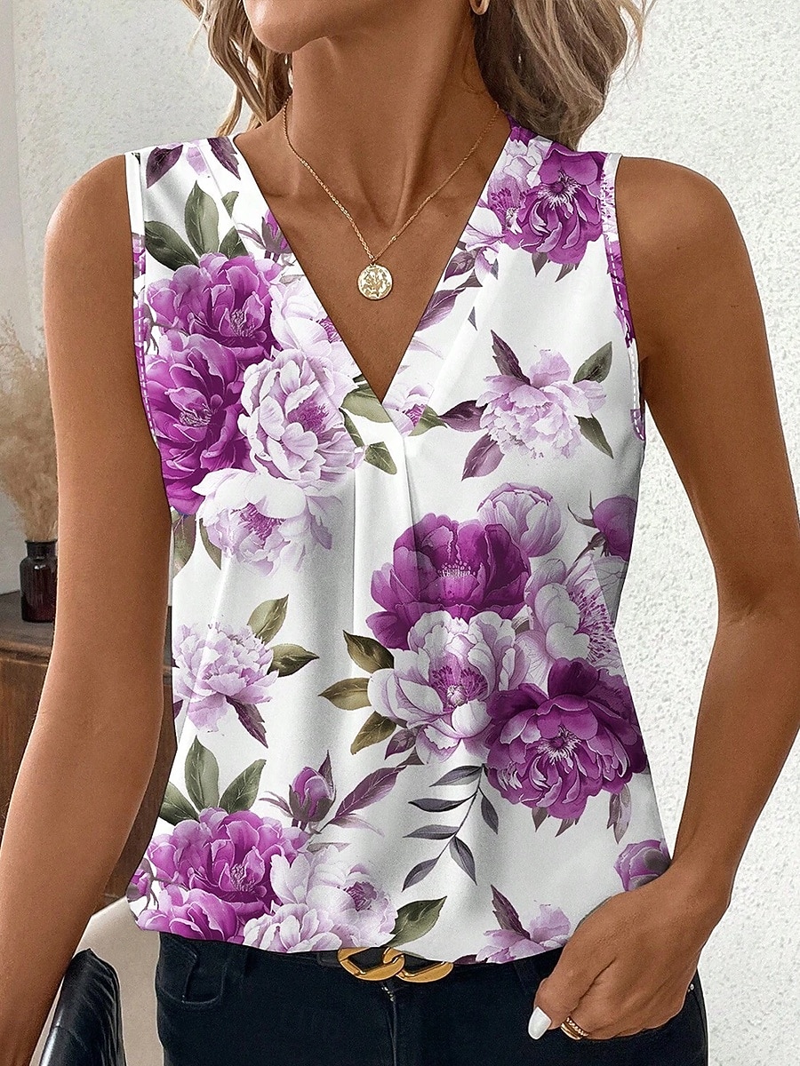 Femmes Débardeur Fleuri Graphique Plantes Élégant ancien Classique Sans manches Col en V Hauts Réguliers Quotidien Rouge Violet Kaki Été Printemps de 2026 ? $22.99 –P5