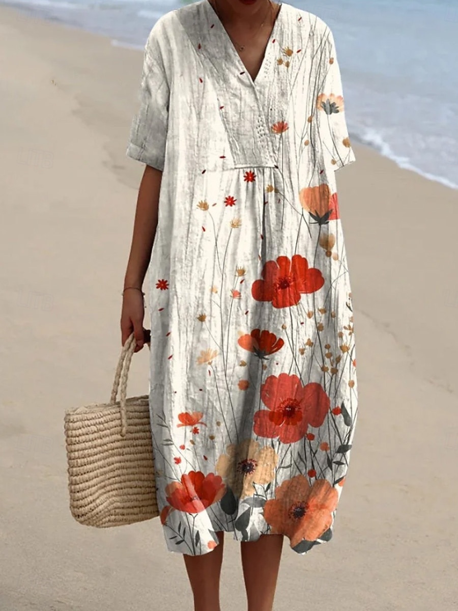 Women's Midi Dress Shift Dress Sundress Vacation Casual Beach Daily Going out Loose Fit Ombre Floral Graphic Short Sleeve V Neck Champagne Light Green Green Beige Summer Spring 2026 - $39.99 –P5