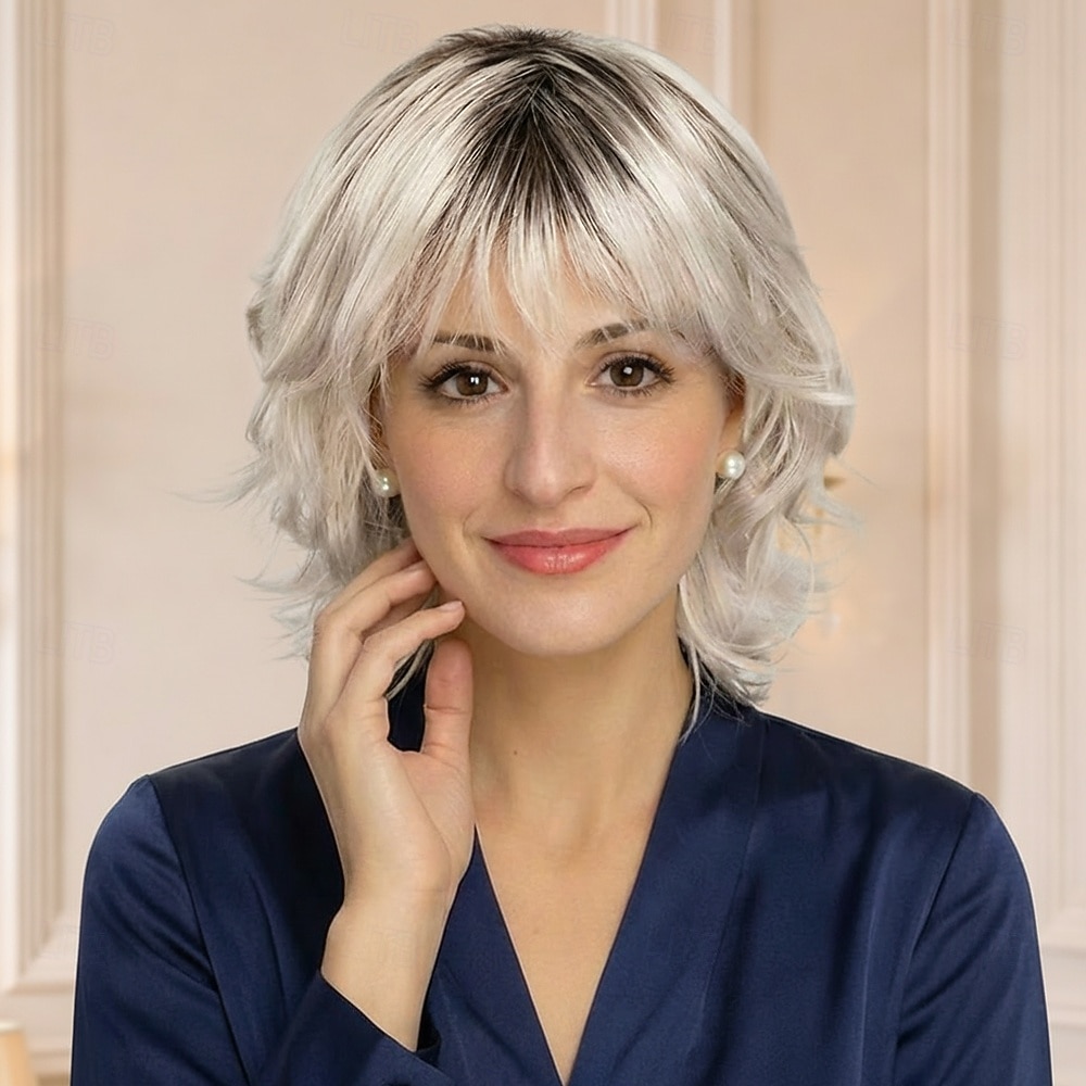 Perruque synthétique courte et chic pour femme - blonde platine avec racines foncées, ondulations souples et frange de 2026 ? $29.99 –P2