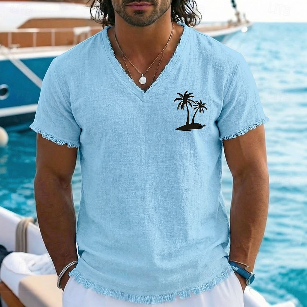 T-shirt homme style bohème côtier vintage, imprimé palmiers tropicaux, en coton et lin, col V, ourlet brut effiloché, coupe ample, idéal pour la plage, les vacances en bateau. Tailles S, M, L, XL, de 2026 ? $24.99 –P1