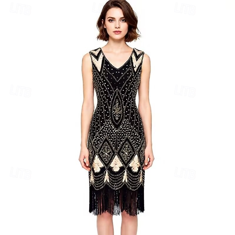 Vintage Roaring 20s 1920s Knee Length Dress Flapper Dress Gloves Sleeveless The Great Gatsby Charleston Sequins Tassel Fringe Fancy Dress Women's Halloween Carnival Cocktail Party Adults' 1 Fan Dress 2026 - $66.99 –P6