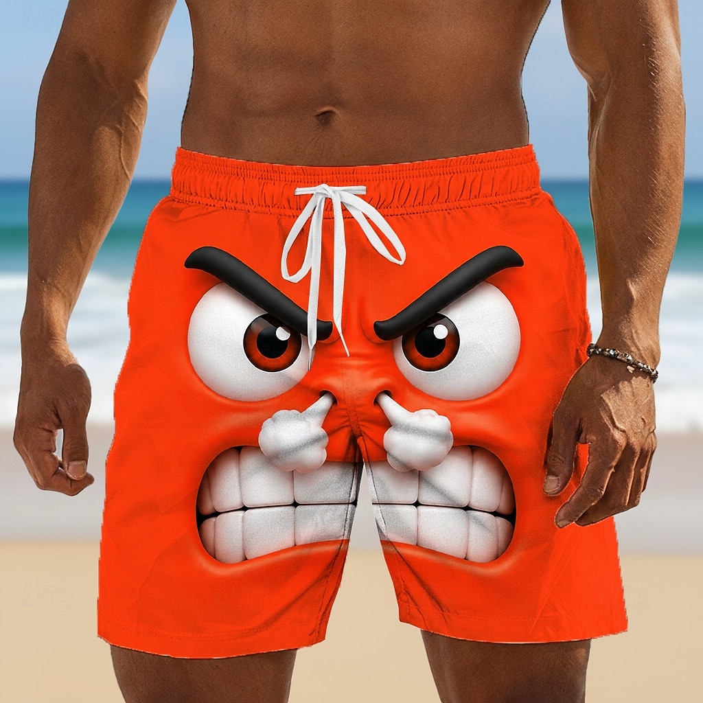 Herren 3D Zeichentrick Lustig Wütendes Gesicht Badehosen Badeanzüge Badeshorts Boardshorts Mittlere Taille Retro Vintage Strandurlaub Seitentaschen Netzfutter Elastischer Kordelzug in der Taille 2026 - $20.99 –P2