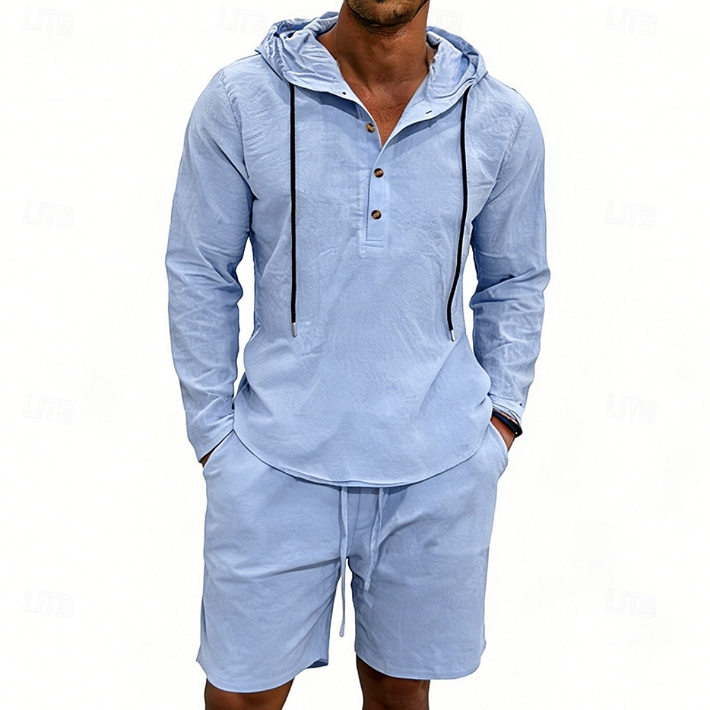 Herre Linskjorte 2 deler Popover skjorte Og Shorts Lin Shorts Strandshorts Sett عادي Daglig utendørs Feriereise Med hette Langermet Sommer Mote Fritid Bekvem Klær 2026 - $36.99 –P1