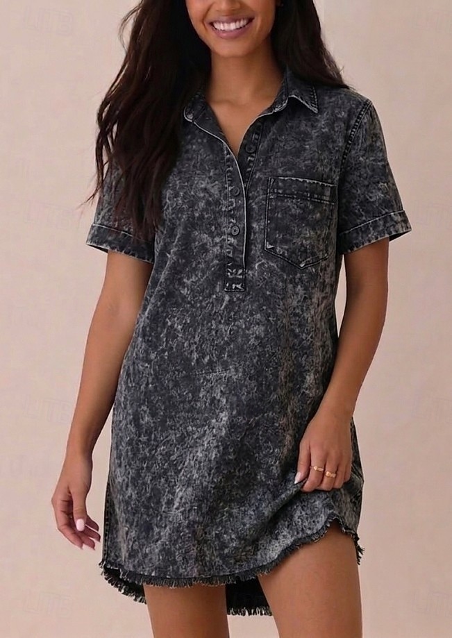 Rochie de damă până la genunchi, spălată, 90% bumbac, vintage, casual, mânecă scurtă, guler cămașă, albastru, negru, roz, vară, primăvară 2026 - $32.99 –P8