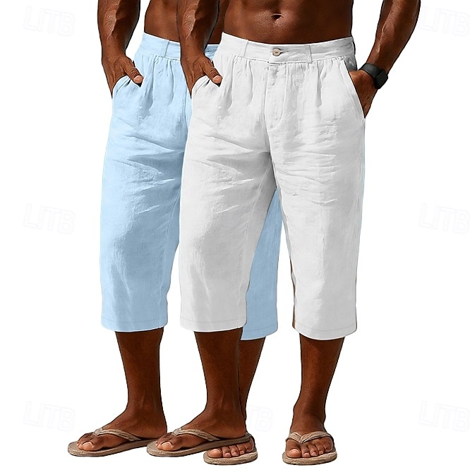 Homme Shorts Capri Shorts en Lin Short décontracté Avec Poches Taille Élastique Uni Confort Respirant Longueur mollet Quotidien Extérieur Plage Vacances Mode Noir + Bleu Marine Bleu Marine + Gris Non de 2026 ? $33.99 –P2