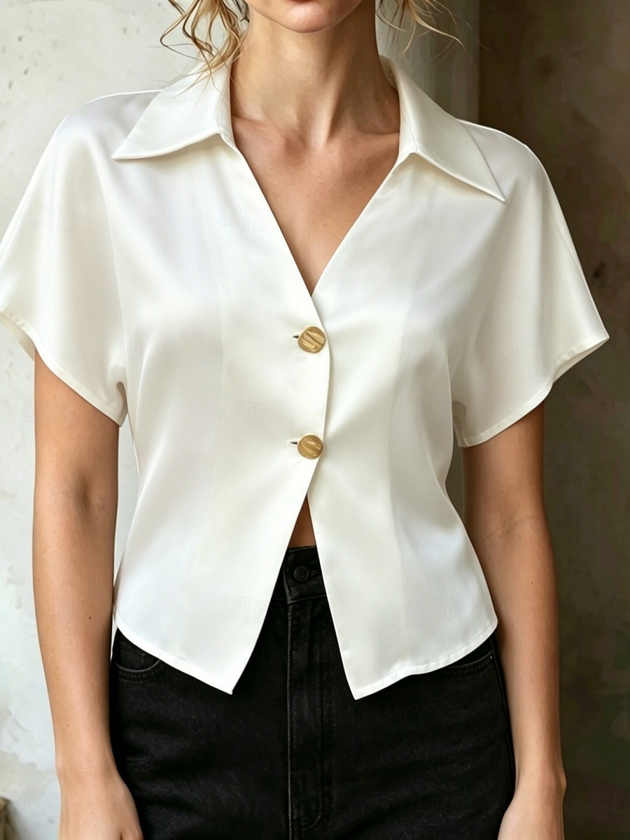 Pentru femei Cămașă din satin Bluză Nasturi Culoare solidă Stilat Casual Manșon scurt Guler Cămașă Crop Tops Casual Zilnic În aer liber Albastru piscină Negru Alb Caisă Vară Primăvară 2026 - $24.99 –P12