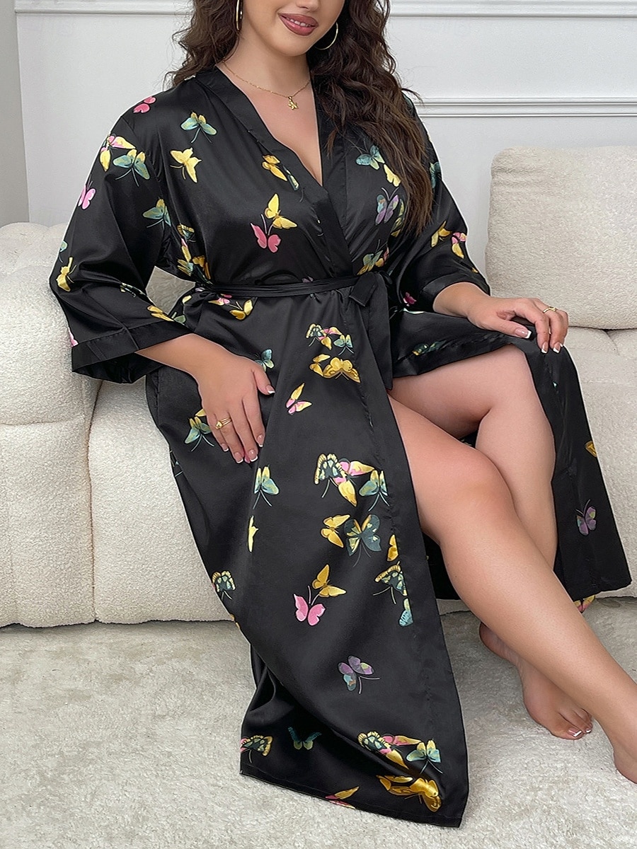 Women's Loungewear Robe Nightgown Fashion Casual Graphic Butterfly Satin Silky Pajamas Pyjamas Patchwork Dress Home Vacation Long Sleeve V Neck Black Summer Spring Regular Fit Loose Fit 2026 - $28.99 –P1
