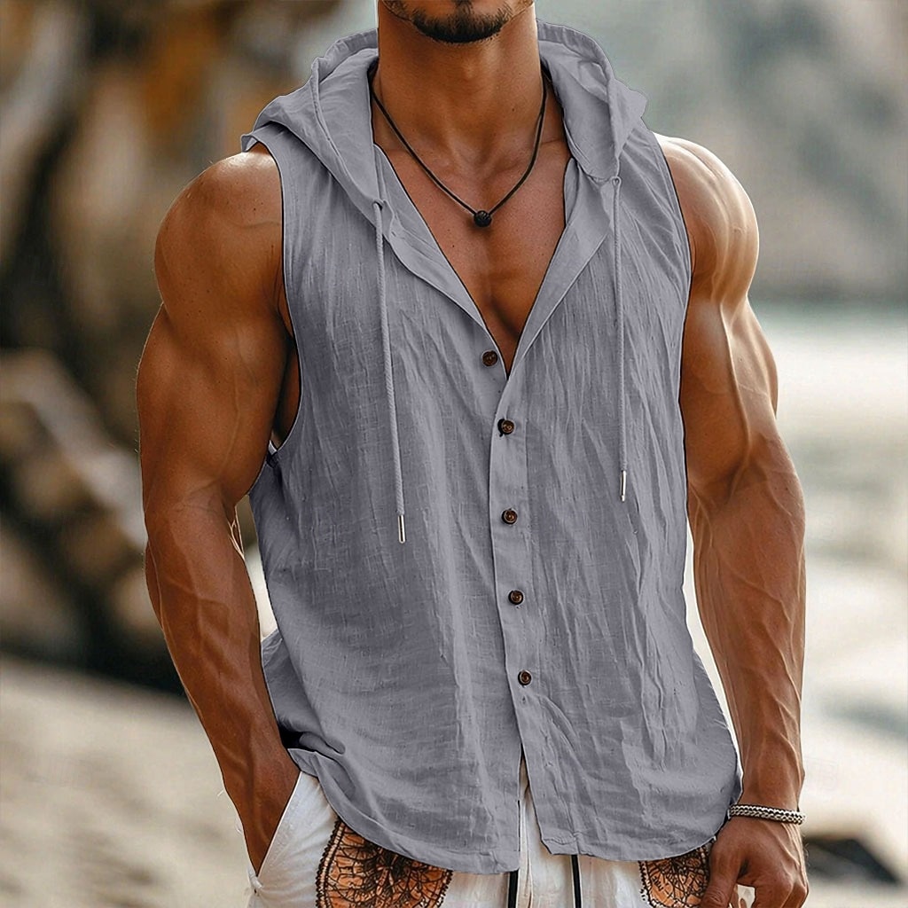 Herren Hemd Leinenhemd Sommerhemd Strandbekleidung Knopfhemd Kapuzenhemd Einfarbig Urlaub Straße Blau Schwarz Weiß Gelb Ärmellos Mit Kapuze Sommer Frühling Bekleidung 2026 - $21.99 –P12