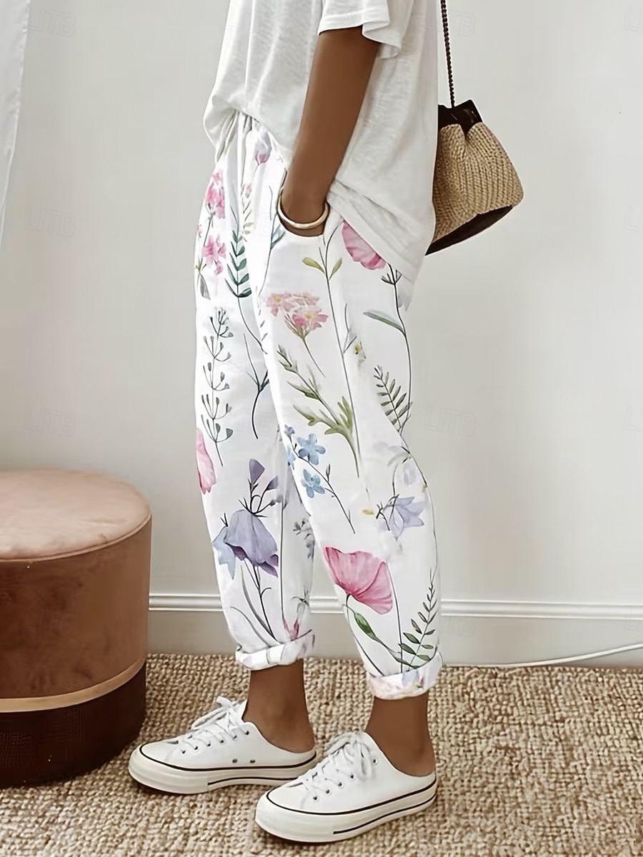 Femmes Pantalon effet lin Jambe large Pantalon décontracté Pantalon d'été Vacances Mode Streetwear Longueur complète Taille Moyenne Fleuri Graphique Avec Poches Taille Élastique Imprimé Confortable de 2026 ? $39.99 –P2