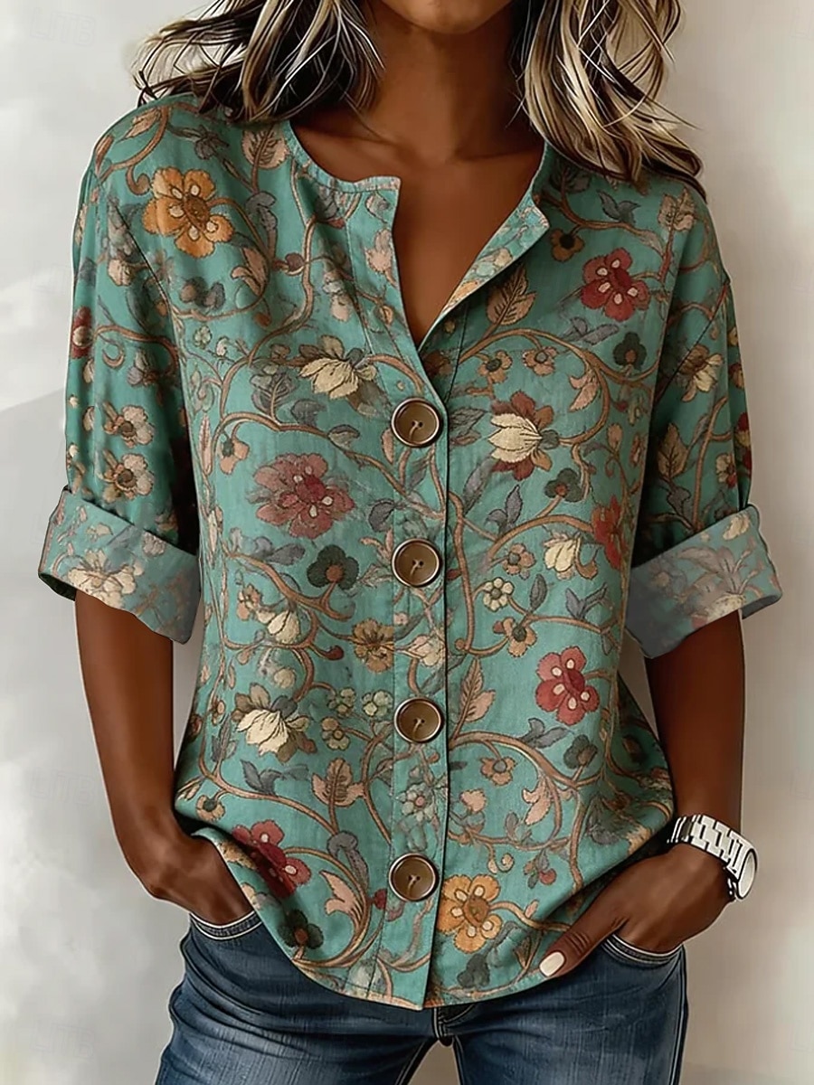 Γυναικεία Πουκάμισο Χιτώνας Καλοκαιρινές κορυφές Κουμπιά Γραφική Γεωμετρικό Αφηρημένο Διακοπές Καθημερινά Μακρυμάνικο Λαιμόκοψη V Μακριές μπλούζες Καθημερινά Αργίες Εξόδου 2026 - $32.99 –P4