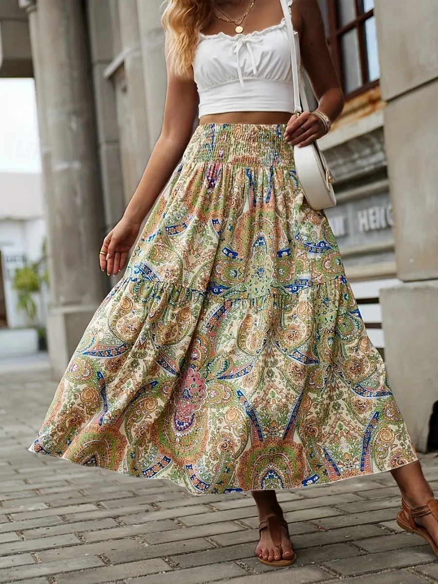 Mujer Falda de vacaciones Bohemia Vintage Casual Maxi Alta cintura Faldas Cachemir Estampado Elástico Diario Calle Negro Vino Rojo Naranja Verano 2026 - $26.99 –P6