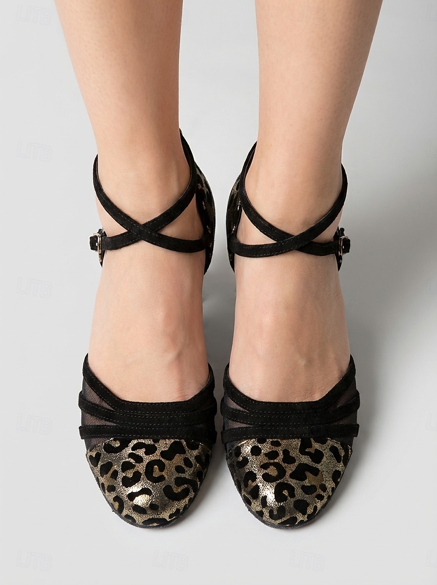 Scarpe da ballo da sala da donna con stampa leopardata – tacco standard a punta tonda con cinturino alla caviglia, per allenamento professionale & prestazione del 2026 a $42.99 –P3