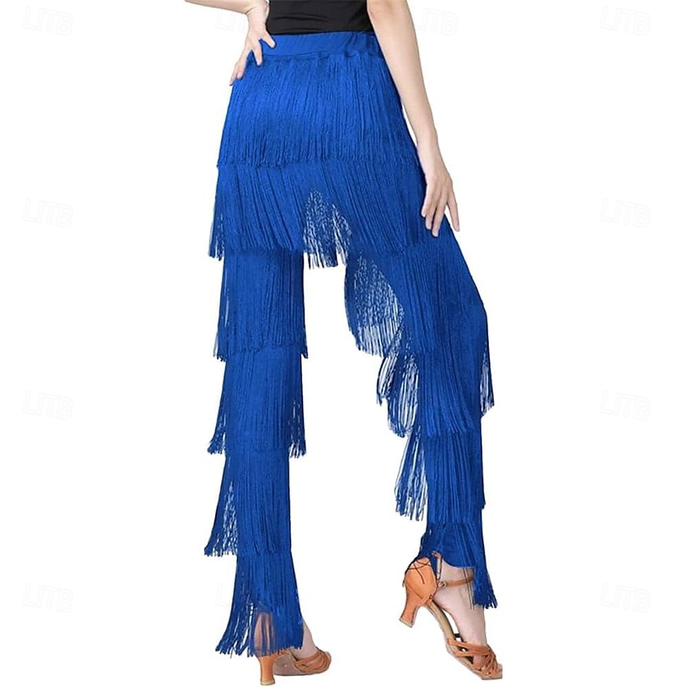 Pantaloni latino pentru femei, albastru regal, cu franjuri în mai multe straturi - îmbrăcăminte de dans cu ciucuri denși pentru salsa, dans de salon &competiție 2026 - $70.99 –P2
