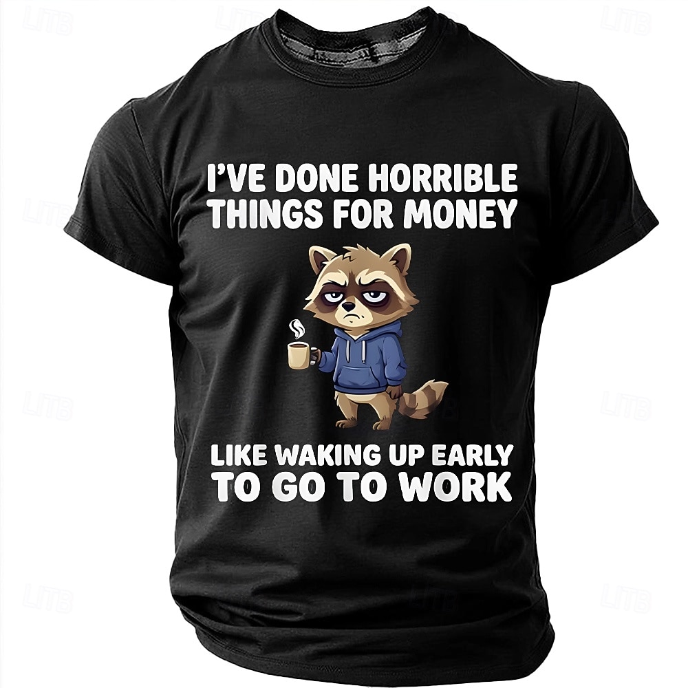 Maglietta da uomo con stampa divertente di un procione "Ho fatto cose orribili per soldi", maniche corte, girocollo, procione stanco che beve caffè, umorismo da ufficio, regalo sarcastico per del 2026 a $18.99 –P2