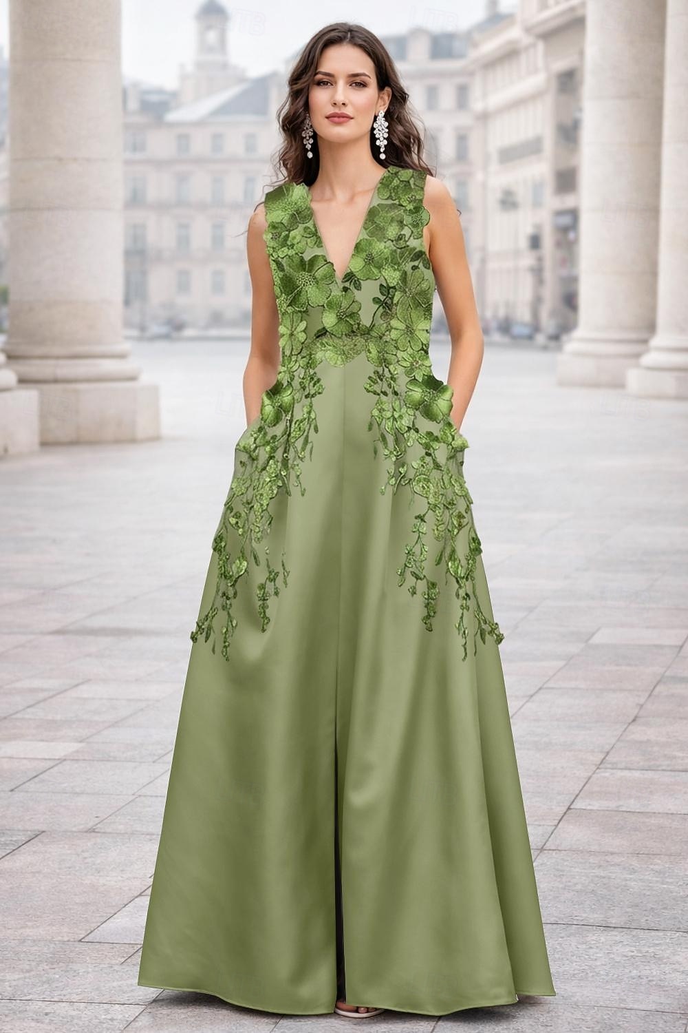Corte A Hasta el Suelo Vestidos de noche Elegante Estilo de Celebridad Princesa Sin Mangas Escote en Pico Fiesta de jardin Boda Bolsillo Satén con Flor bordada Plisado Bordados 2026 - $171.99 –P3