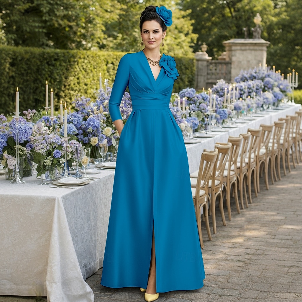 Linea ad A Sirena Tromba Tubino Colonna Lunghezza al pavimento Abito da invitata a nozze Abito Formale Abito da sera Abito da cerimonia per signora Manica 3/4 Mezza Manica Scollo a V Collo gioiello del 2026 a $160.99 –P5