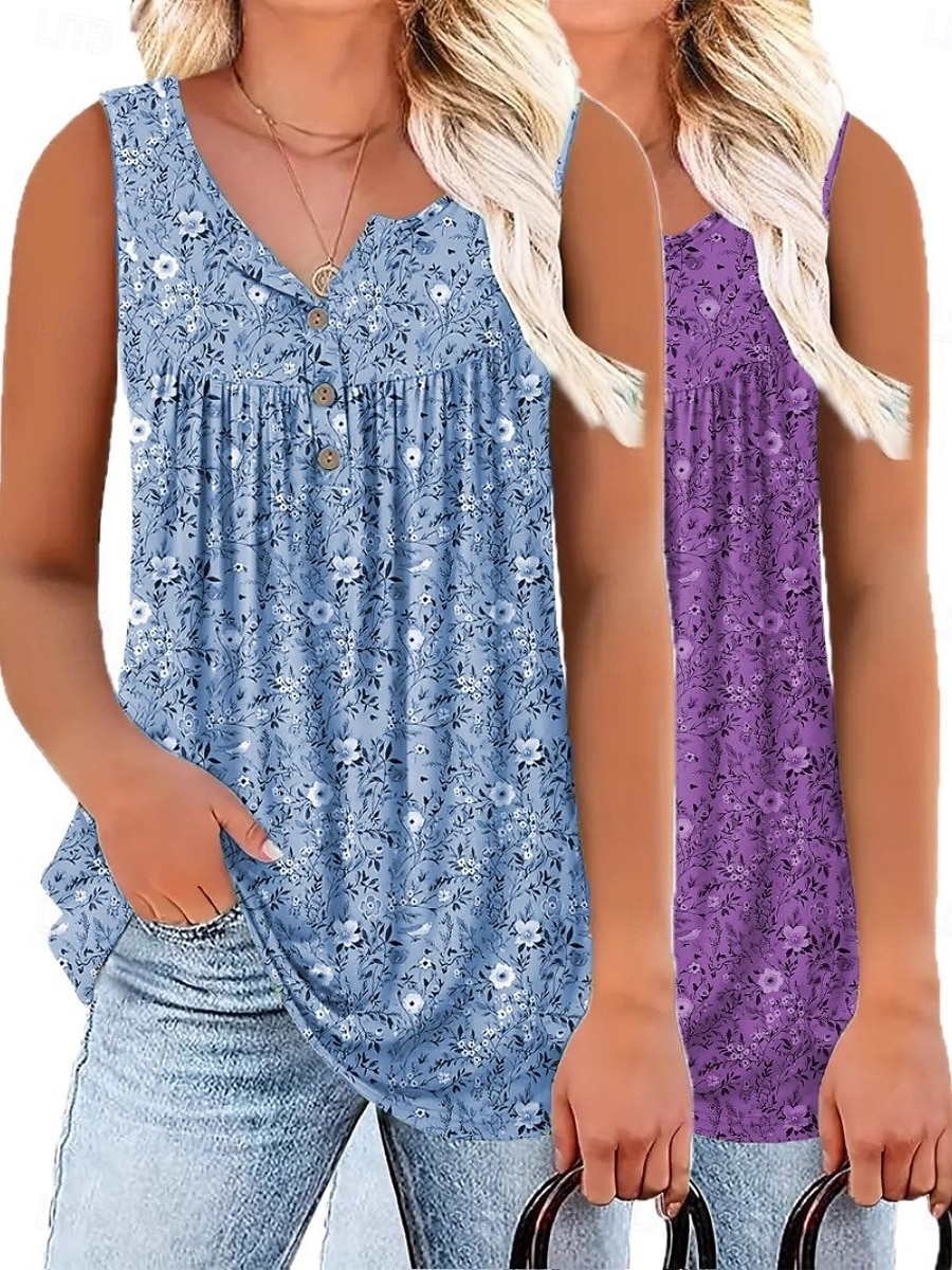 Multi Packs 2pcs Women's V Neck Sleeveless Yellow+Blue Tank Sleeveless Shirt Tee Top Floral Casual Daily Polyester Summer 2026 - $44.99 –P6