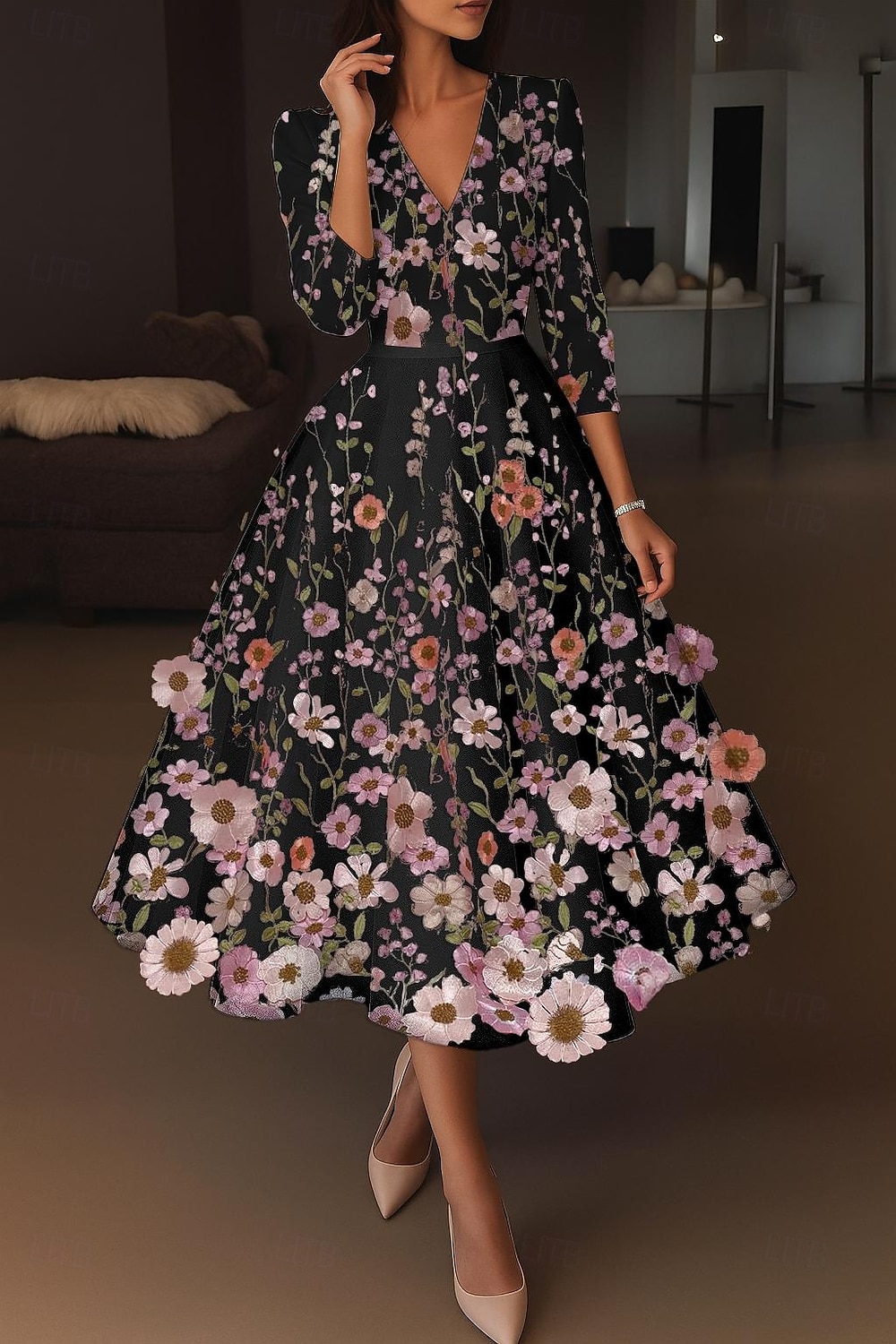 A-Linie Tee-Länge Cocktailkleider Elegant Vintage Blumen Halbarm V Ausschnitt Hochzeit Formell Rosa Kleid Satin Spitze mit Stickerei Tasche 2026 - $195.99 –P20