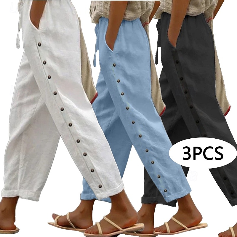 3er-Pack Damenhosen, Sommerhosen, Freizeithosen, Urlaubshosen, Basic-Hosen, knöchellang, natürliches, schlichtes Design, Seitentaschen, seitliche Knöpfe, bequem, atmungsaktiv, nicht elastisch, ideal für Wochenendausflüge 2026 - $65.99 –P1