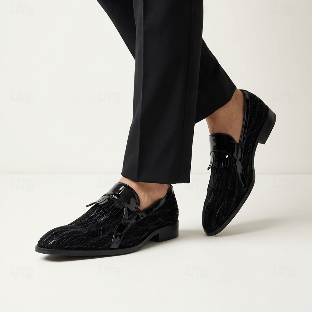 Premium herenloafers van echt zwart lakleer met spitse neus en franjes, geschikt voor zakenlieden, bruiloftsgasten, banketten, feesten en luxe avondkleding. 2026 - $109.99 –P1