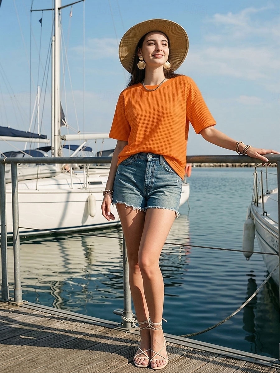 Жен. Вафельная рубашка Футболка Футболки Топы в вафельном вязании Сплошной цвет Классика Современное На каждый день С короткими рукавами Вырез под горло Обычные топы Повседневные Праздники На выход 2026 - $26.99 –P3