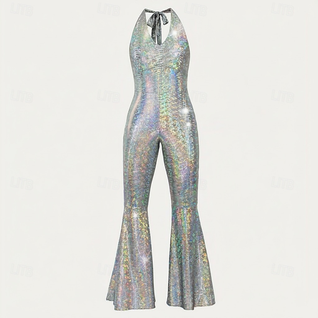 Retro vintage Schijf Jaren '80 Jumpsuit Mouwloos Schijf Glanzend metallic Halternek Kostuum Dames muziekfestival Feest Nachtclub Volwassenen Jumpsuit Zomer 2026 - $42.99 –P12