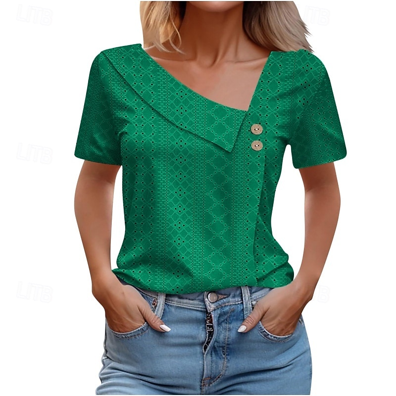 Dam Texturblus Ögonlock Pointelle-tröja T-shirt Ensfärgat Mode Klassisk Ledigt Kortärmad V-hals Vanliga toppar Ledigt Dagligen Strand Blå Vit Gul Ljusgrön Himmelsblå Sommar Vår 2026 - $25.99 –P3