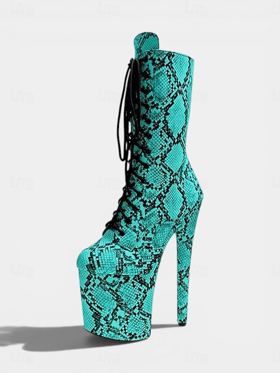 Damen-Plateau-Kniestiefel mit Schlangenmuster in Türkis – 20 cm hoher Absatz, Schnürung, ideal für Pole Dance &Nachtclub-Partystiefel 2026 - $109.99 –P4