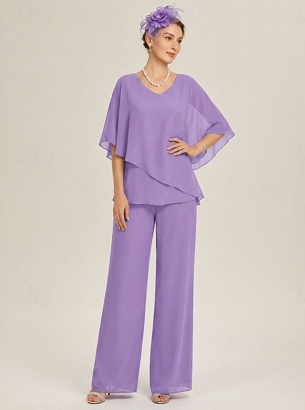 Conjunto feminino de calça pantalona com decote em V e sobreposição de chiffon, ideal para casamentos e ocasiões elegantes. de 2026 por $36.99 –P1